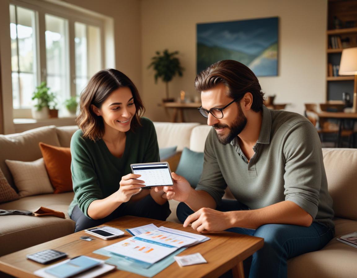 คู่รักนั่งในห้องนั่งเล่น ถกเถียงเรื่องการเงินและหนี้บัตรเครดิต