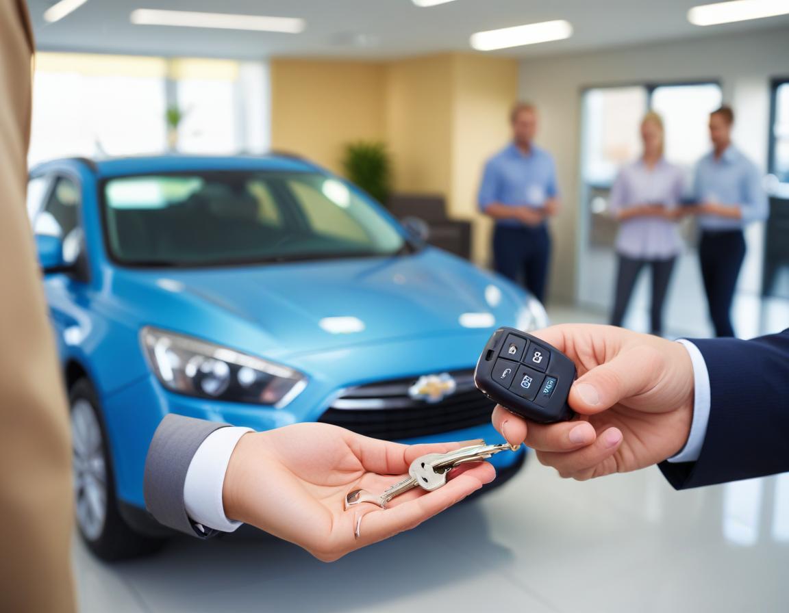 ชายสองคนกำลังแลกเปลี่ยนกุญแจรถ สัญญาการเงินวางอยู่บนโต๊ะข้างๆ