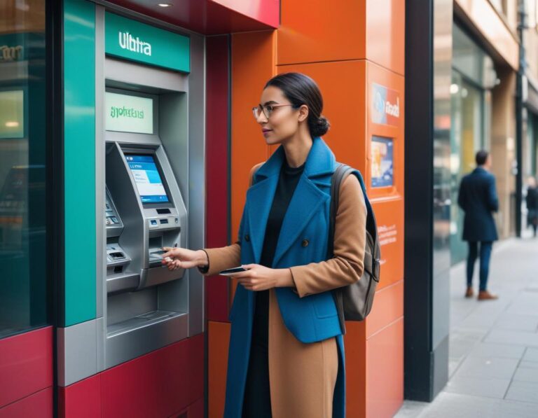 ภาพคนถอนเงินจากตู้ ATM ใต้แสงไฟนีออนในเมืองใหญ่อย่างรอบคอบและปลอดภัย