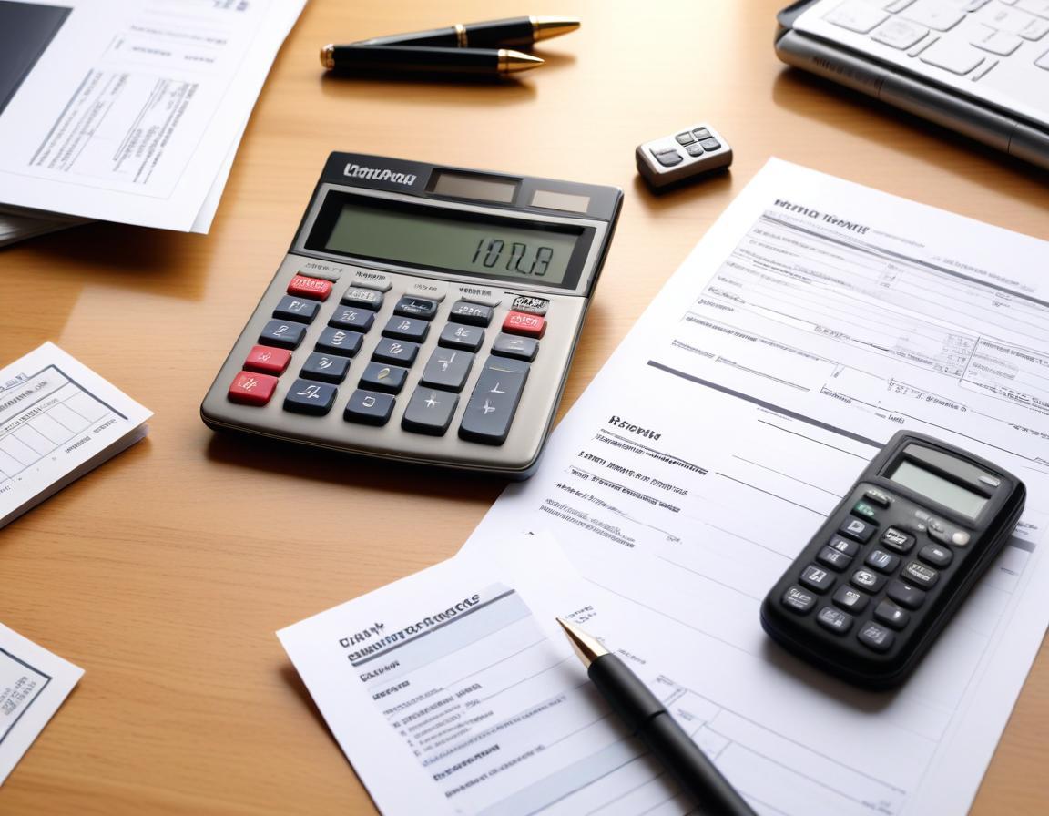 ภาพเอกสารการคำนวณค่าใช้จ่ายในการรีไฟแนนซ์รถ พร้อมเครื่องคิดเลขบนโต๊ะ