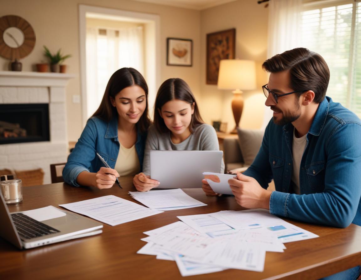 ครอบครัวหารือเรื่องการเงินที่บ้านพร้อมแล็ปท็อปและเอกสารบนโต๊ะ