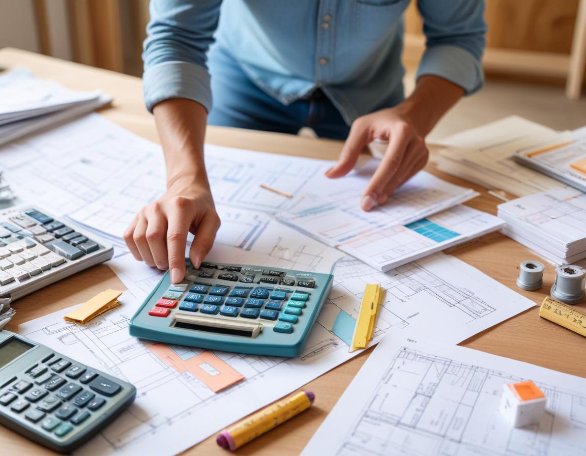 ชายประเมินค่าใช้จ่ายในการรีโนเวทบ้านพร้อมแผนผังและเอกสารกู้เงินบนโต๊ะทำงาน