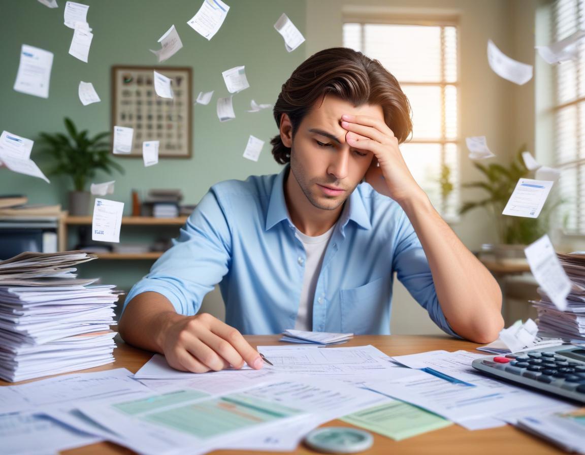 บุคคลกำลังเครียดกับการจัดการหนี้ มีเอกสารและเครื่องคิดเลขบนโต๊ะ