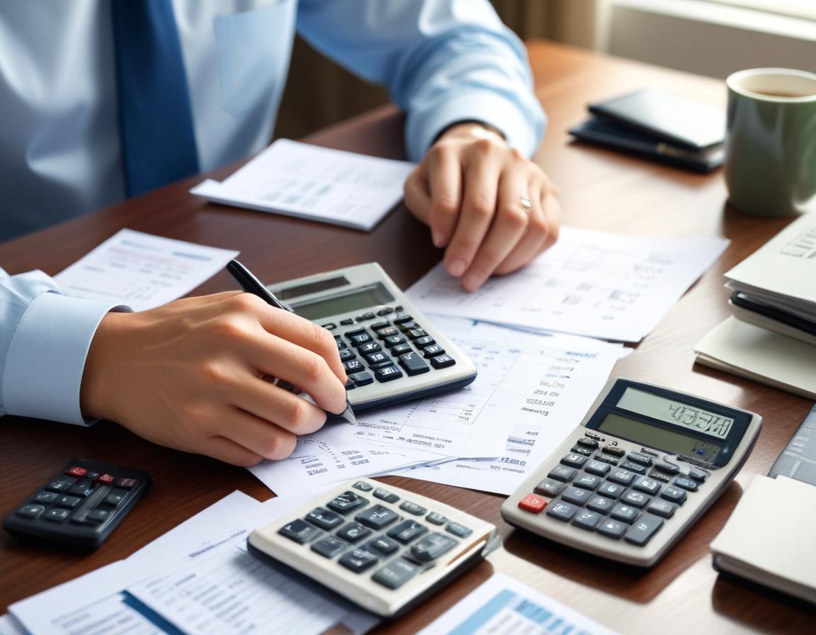 บุคคลกำลังคำนวณการผ่อนชำระเงินกู้รถยนต์บนเครื่องคิดเลขและเอกสารที่มีข้อมูลการชำระเงิน