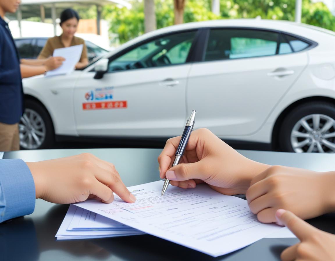 ผู้ชายกำลังส่งกุญแจรถให้ผู้หญิง สัญญาทางการเงินอยู่ในมืออีกข้างหนึ่ง