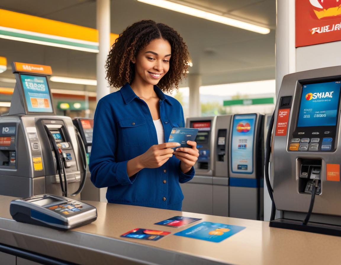 ภาพบัตรเครดิตเติมน้ำมันพร้อมเหรียญเงินสดที่สถานีบริการน้ำมันแสดงประโยชน์และการคืนเงิน