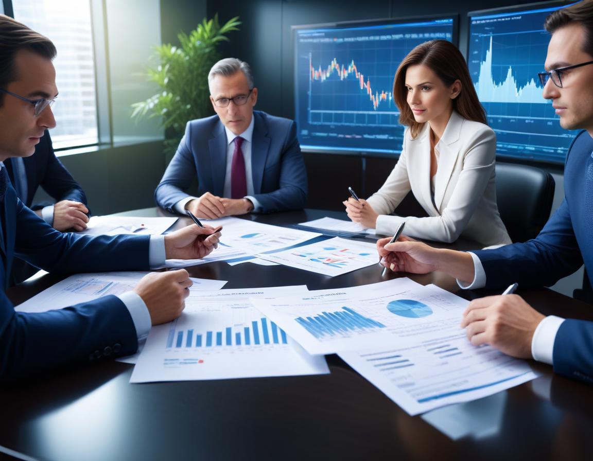 การประชุมวิเคราะห์ผลิตภัณฑ์ทางการเงินในธุรกิจพร้อมข้อมูลจากกราฟและเอกสารต่างๆ