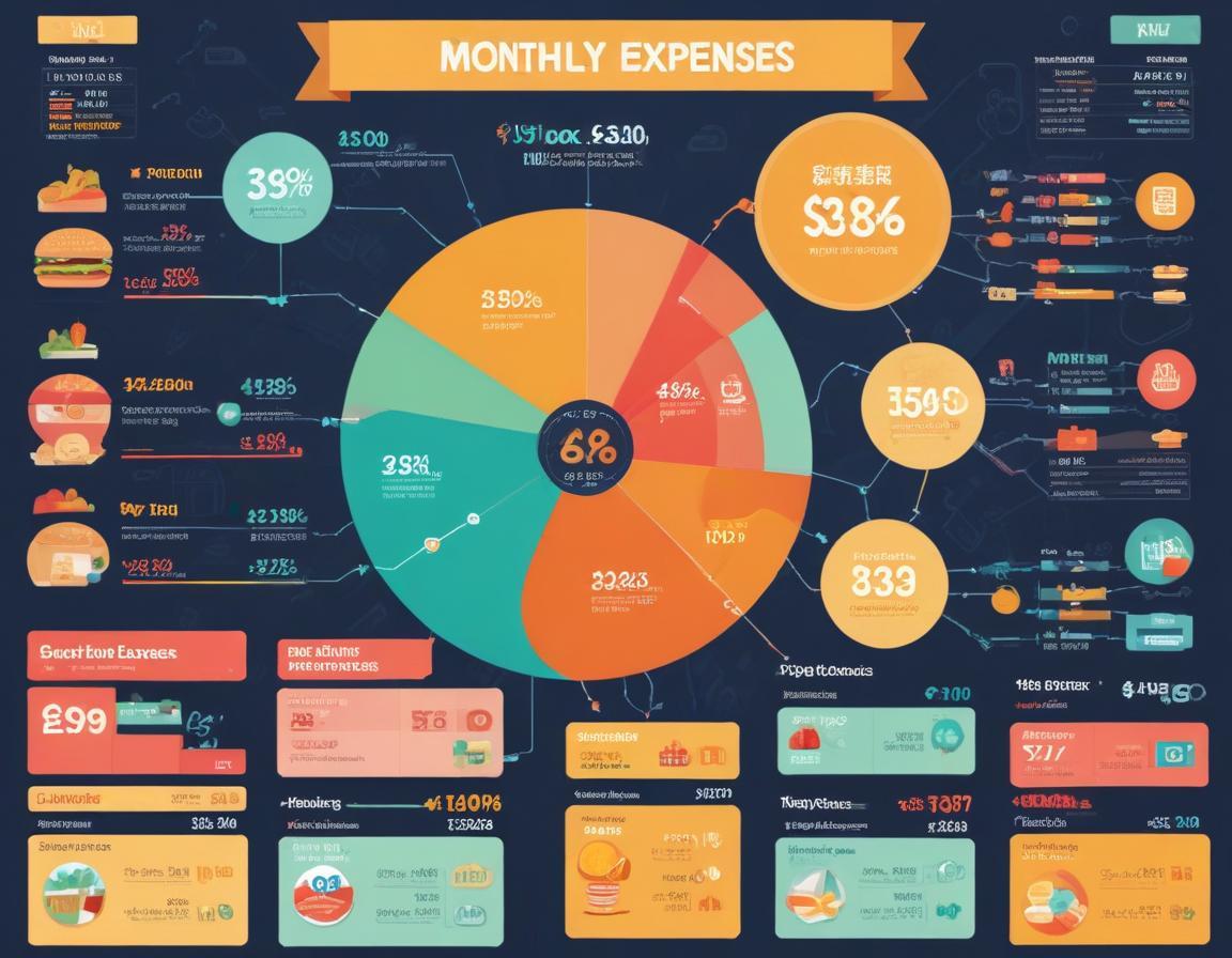 อินโฟกราฟิกแสดงการแจกแจงค่าใช้จ่ายรายเดือนด้วยกราฟวงกลมสีสันสดใส