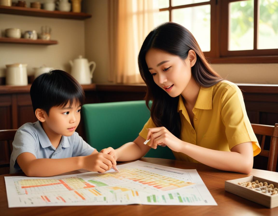 ตารางออมเงินสำหรับเด็ก พร้อมเหรียญและกล่องออมเงินในพื้นหลัง ขนาดเล็กสีสันสดใส