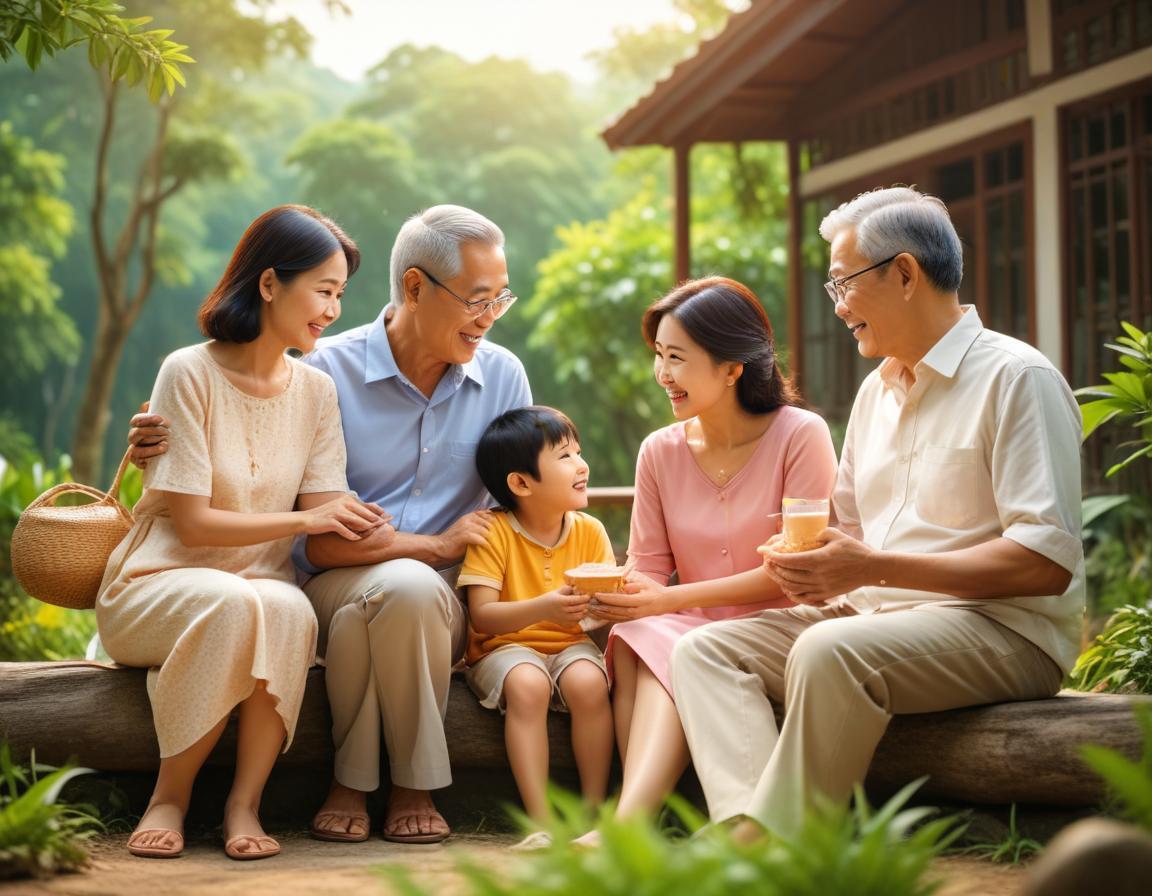 ครอบครัวมีความสุขนั่งด้วยกัน พื้นหลังสดใส ตัวหนังสือว่า 