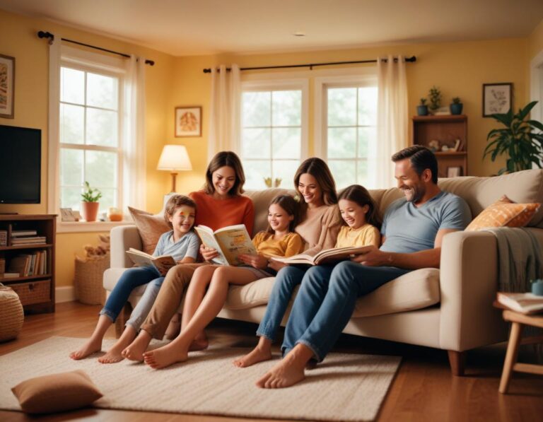 "ครอบครัวที่สดใสและมั่นใจในรัก ซึ่งเล่นอยู่ในสวนร่มรื่น"