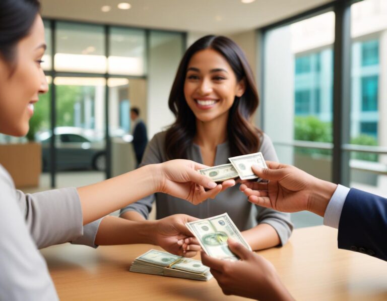 Thai street market with vibrant colors, traditional architecture, and bustling crowd exchanging goods.