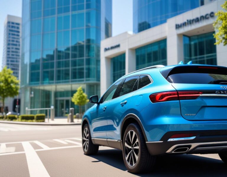 รถยนต์สมัยใหม่ที่สวยงามใต้แสงแดดสดใสในเมืองใหญ่มีอาคารสูงเรียงกันไปถึงขอบฟ้า