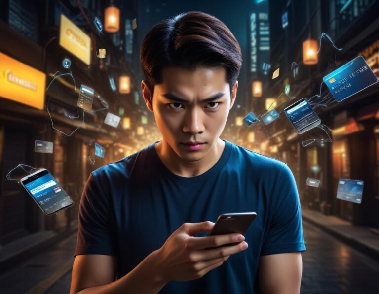 รูปภาพเงาลึกในห้องมืดกับบัตรเครดิตฉ้อโกงหลายใบบนพื้น ไอ้สครีนส่รอยแสง ประกอบด้วยข้อมูลที่ถูกโจรกรรมลับและอารมณ์น่าสะพรึง.