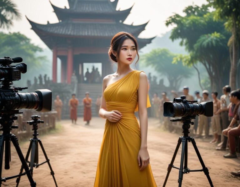 Thai marketplace with exotic fruits, spices, and crafts, vibrant and bustling.