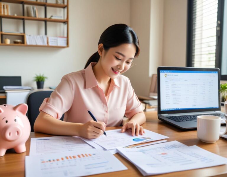 Japanese garden with cherry blossoms, pagoda, and tranquil pond reflecting nature's elegance.