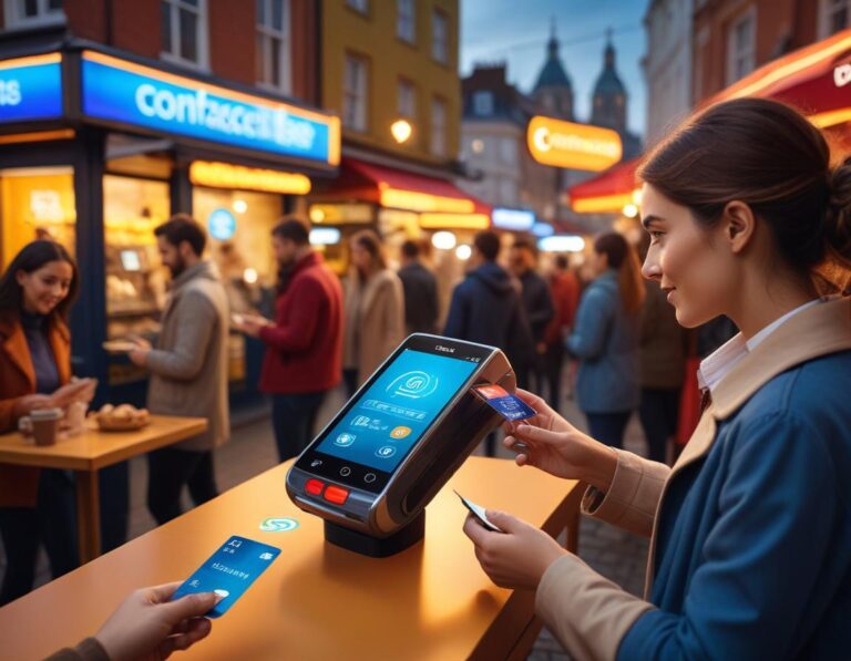 เมืองอนาคต ชำระเงินไร้สัมผัส อย่างราบรื่น ด้วยเทคโนโลยี ดิจิทัล สะดวก ทันสมัย สะท้อนการเชื่อมต่อแบบไร้สัมผัส ในเมืองที่เต็มไปด้วยสัญญาณดิจิทัล และ ประสบการณ์ ชัดเจน สำหรับ ผู้คน ทุกคน