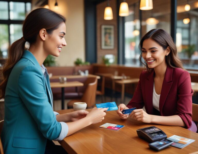 ภาพสองฝั่ง บัตรเครดิต ถูก ถือ ใน มือ สะท้อนไฟเมือง ข้าง บัตรเดบิต บน โต๊ะ ไม้