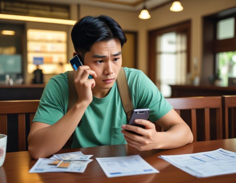 บุคคล กำลัง เผชิญ ภาวะ เครียด จ้อง ดู บัญชี ธนาคาร แสดง ความ ลำบาก เรื่อง หนี้ บัตรเครดิต