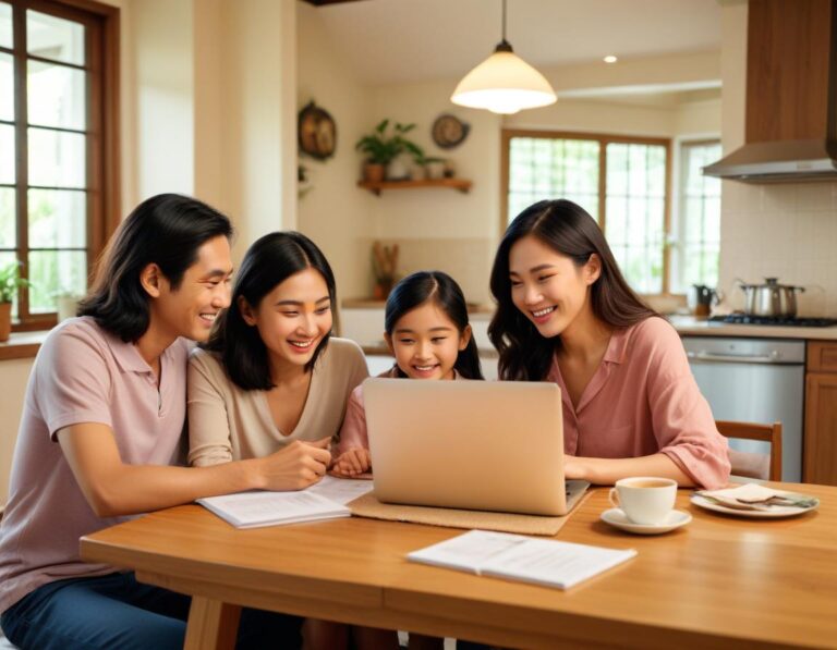 บ้าน ไม้ ไทย ดั้งเดิม กลาง ชนบท เขียว ชอุ่ม มี แสง ทอง สาด สู่ บรรยากาศ สงบ