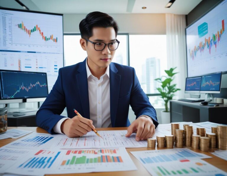 ภาพถ่ายสมจริง ย่านการเงินพลุกพล่าน ยามพระอาทิตย์ตก ผู้คนหลากหลาย กำลังลงทุน วิเคราะห์ตลาด และ ติดตาม แนวโน้ม ท่ามกลาง สถาปัตยกรรมทันสมัย