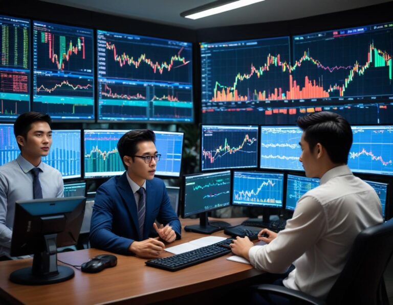 ผู้เริ่มเทรดหุ้น กำลังจดจ่อ หน้าจอหลายอัน แสงจอสะท้อนตา กราฟ ชุดข้อมูล ตลาด แนวโน้ม มูลค่า โอกาส ความเสี่ยง