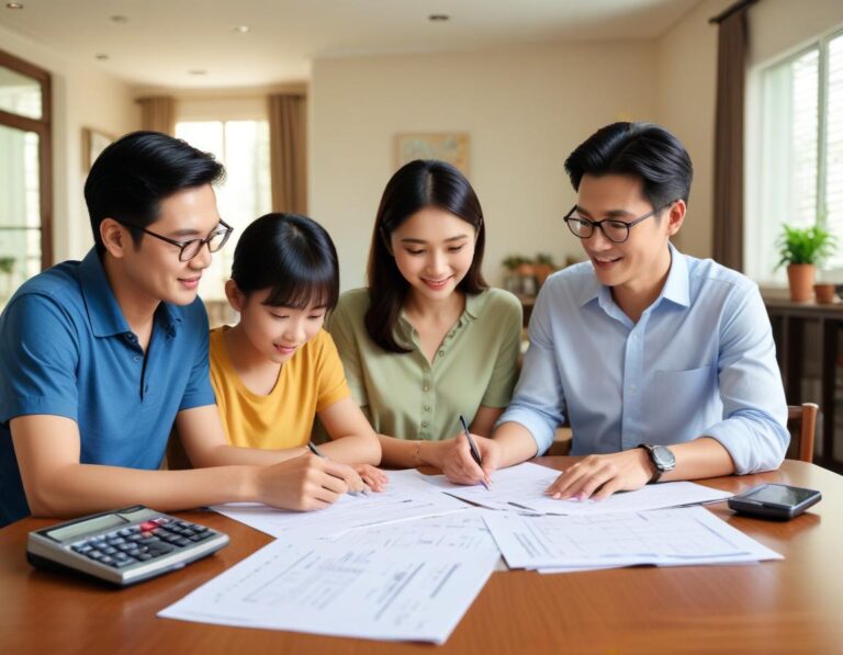 ภาพถ่าย สมจริง สูง ของ กระบวนการ รีไฟแนนซ์ บ้าน ใน ประเทศไทย พร้อม เครื่องคิดเลข เอกสาร และ หน้าจอ ข้อมูลการเงิน