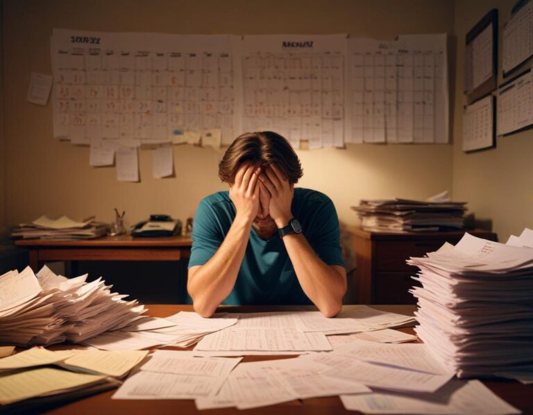 ภาพถ่าย Canon EOS R5 ความละเอียดสูง แสดง เจ้าของบ้าน เหนื่อยล้า ท่ามกลาง บิล เอกสาร ภาระ ผ่อนบ้าน ไม่ไหว