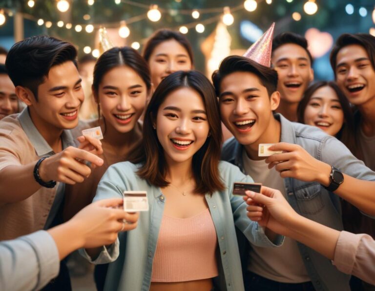 ภาพถ่ายเสมือนจริง ตลาดไทยยุคอนาคต บัตรเครดิต ลอยในอากาศ แสดง เลขนูน และโลโก้ โฮโลกราฟิก รายละเอียด เห็นชัด สถาปัตยกรรมไทยกับเทคโนโลยีผสมผสาน ผ่าน แสง สี เวลา