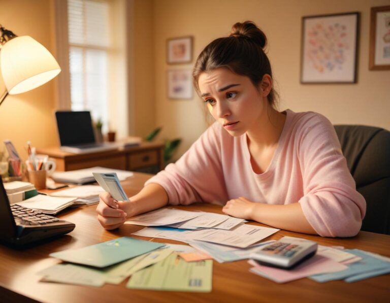 บุคคลกังวล นั่ง ที่ โต๊ะรก มี ใบแจ้งหนี้ บัตรเครดิต และ คะแนนเครดิตลดลง บน หน้าจอ พร้อม ลูกศร สีแดง