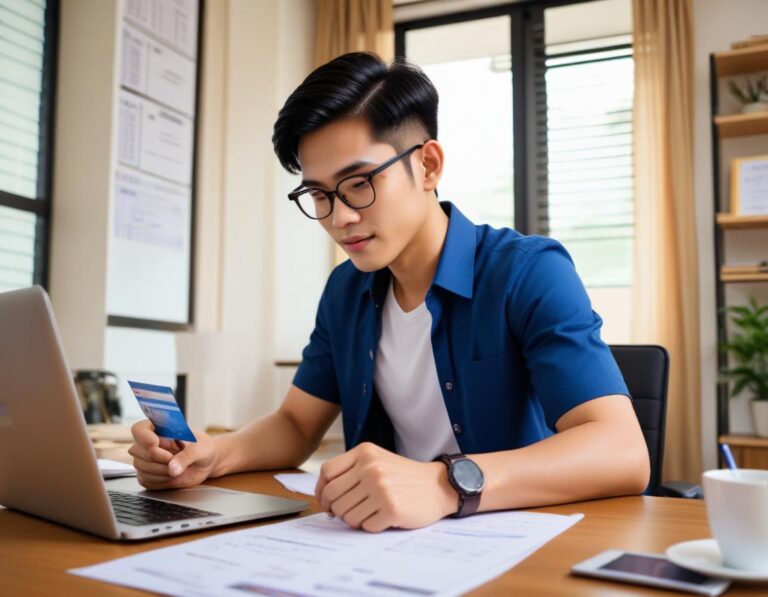 มิลเลนเนียล ไทย นั่ง โต๊ะ ทันสมัย ใช้ แท็บเล็ต สมัคร บัตรเครดิต พร้อม สลิปเงินเดือน เอกสาร