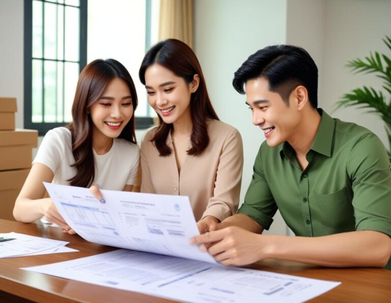 ผู้ซื้อบ้านครั้งแรก ในอพาร์ตเมนต์ไทยสว่าง โต๊ะเต็มด้วย เอกสารภาษี แล็ปท็อป งบประมาณ โมเดลบ้าน เช็คลิสต์ เอกสารลดหย่อน และเงินสด จะคุ้มไหม