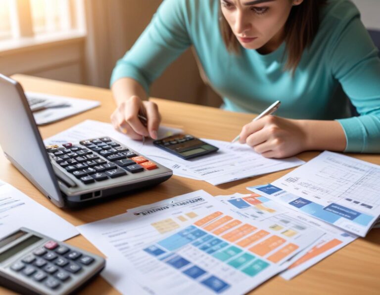 คนทำงานในห้องทำงานบ้าน แสงเช้า โต๊ะมีสมุดหนี้ กราฟลง แอปงบประมาณ พร้อมบัตรเครดิตเรียง สื่อความสงบ ความมั่นใจ ความหวัง ชัดเจน