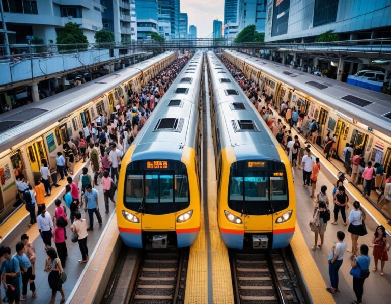 รถไฟ MRT มาถึงชานชาลา MRTA โลโก้เด่น ป้ายดิจิทัล วิศวกรชุดฟ้าทบทวนแผนบนกระจก ผู้โดยสารหลากหลาย พื้นสัมผัส บันไดเลื่อน แสงเช้า ภาษาไทยอังกฤษ