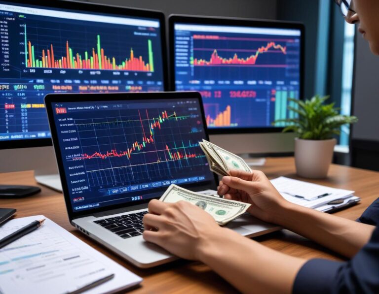 นักลงทุนสงบ มุมโต๊ะหรู มอง กราฟ ปันผล ขึ้น แล็ปท็อป ใบหุ้น ต้นกล้า เหรียญ ปันผล แสงทอง เมือง เบลอ