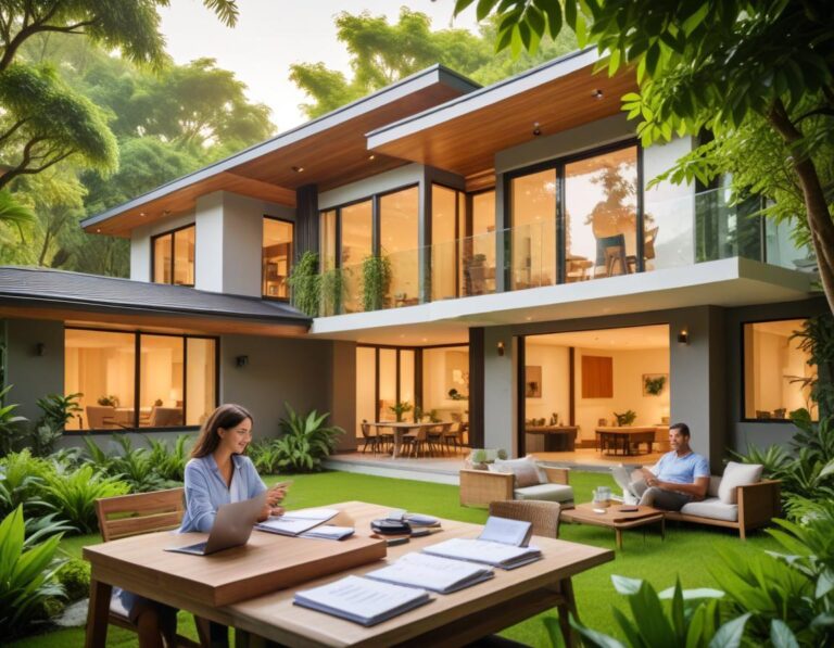 ห้องทำงานการเงินในบ้าน เรียบหรู มีเอกสารจำนอง ล้อมรอบด้วย คอมพิวเตอร์ และ กราฟอัตราดอกเบี้ย ปฏิทินบนผนัง หน้าต่างเห็นบ้านชานเมือง โน้ตถาม refinance เวลาอัตราดอกเบี้ยเหมาะสม