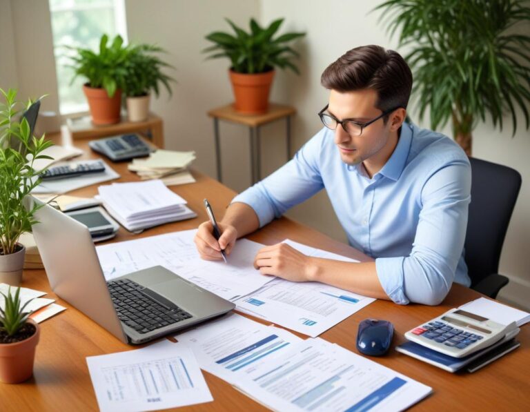 ชายไทย ใน ออฟฟิศ บ้าน กำลัง วิเคราะห์ กราฟ รวมหนี้ บัตรเครดิต ดอกเบี้ย และ โบรชัวร์ Debt Consolidation