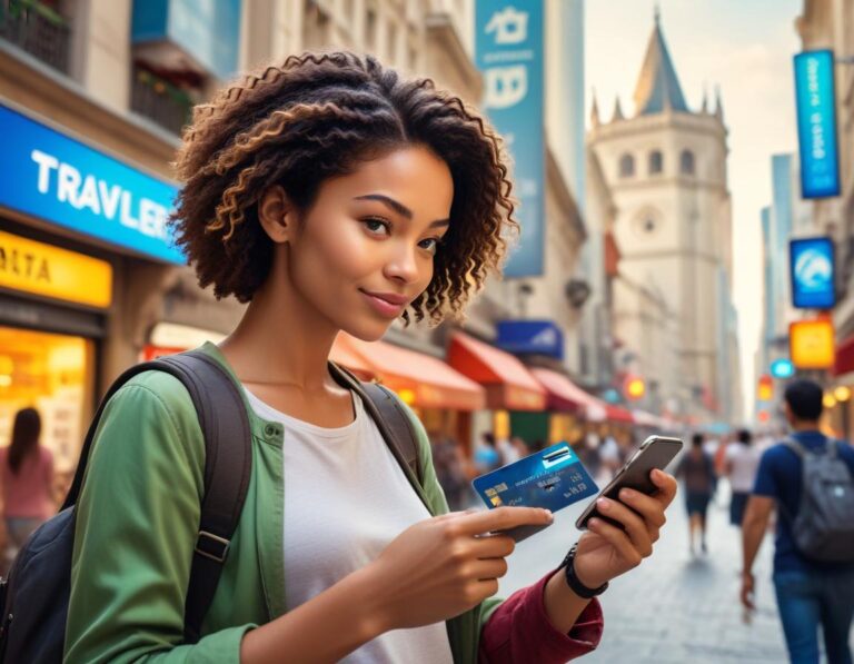 นักเดินทางเตรียมเที่ยวต่างประเทศ จัดบัตรเครดิต Visa Mastercard บัตรสะสมคะแนน บัตรเติมเงิน พร้อม พาสอร์ต บัตรโดยสาร สมุดเช็คภาษาไทย และ สมาร์ทโฟน แสดงดิจิตอลวอลเล็ต บน แผนที่โลก