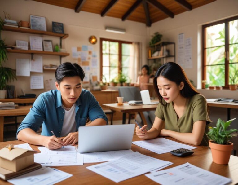 หนุ่มไทย นั่ง ครัว เล็ก มอง บิล แคลคูลเลเตอร์ 20000 แผ่นพับ บ้าน ฝัน เน้น เมืองกรุงเทพ