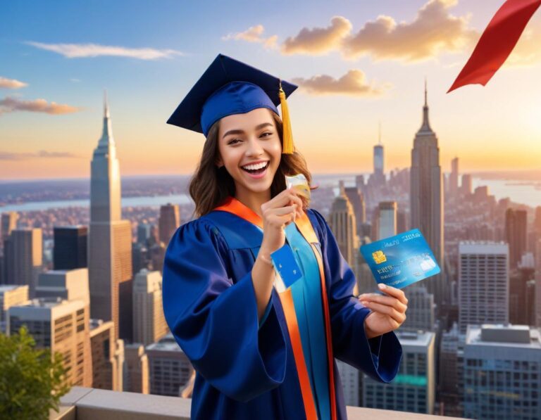 บัณฑิตใหม่ ในลานมหาวิทยาลัยแดดอุ่น ลังเล ต่อบัตรเครดิตเงางาม มือถือแสดงแอปงบประมาณ และแล็ปท็อปมีแดชบอร์ด ต้องพิจารณาความเสี่ยง หนังสือเรียน หมวกจบ และพื้นหญ้าพร้อมแสงทอง